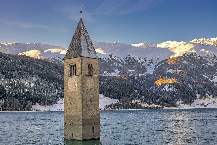 Reschensee, Italia, Tirol del Sur, paisaje, montañas, lago, agua, iglesia, montaña, religión