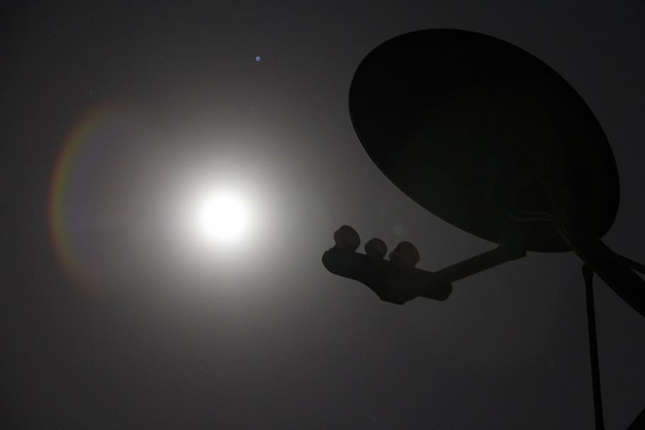 silhouette photo, satellite dish, full, moon, satellite, dish, night, technology, antenna, communication