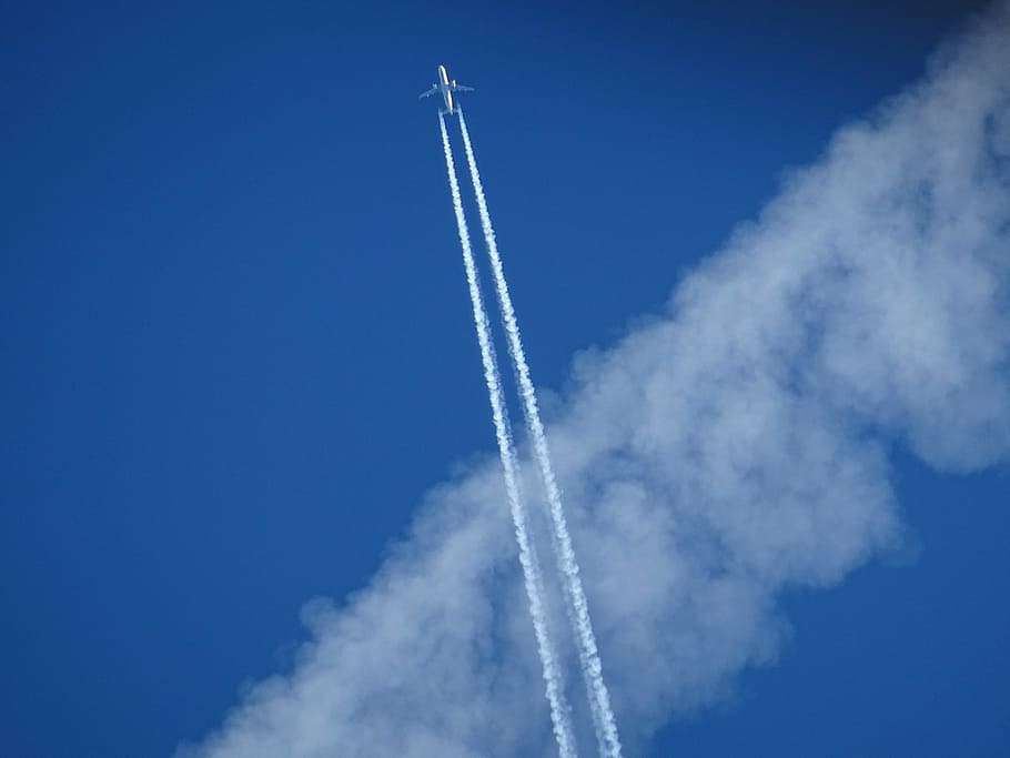 aircraft, contrail, sky, blue, two spotlights, engine, height, airliner, airline travel, cross
