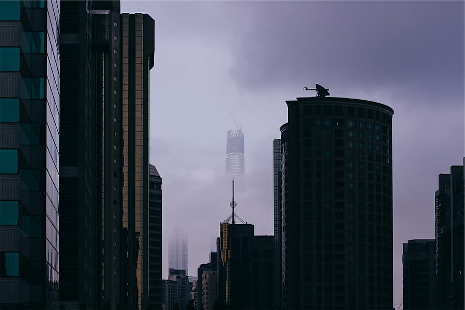 foto de ángulo ancho, rascacielos, edificios, paisaje, fotografía, ciudad, niebla, día, hora, horizonte