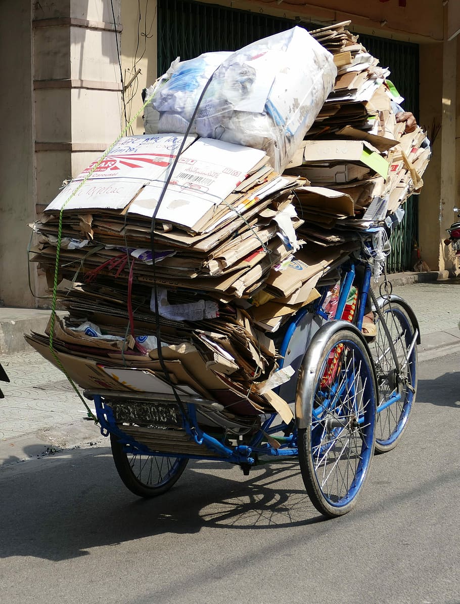 ベトナム, アジア, 輸送, ごみ, 処分, 廃棄物, 自転車, 紙, 段ボール, 積み重ね