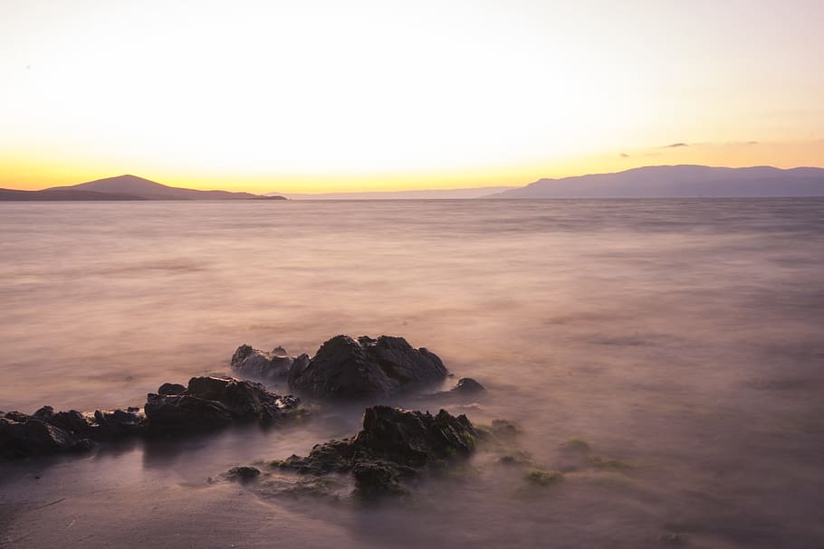 landscape, covered, smoke, marine, rocks, water, horizon, beach, peace, black