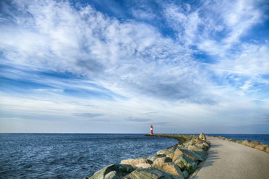 sky, clouds, port, mole, stones, rock, sea, ocean, baltic sea, warnemünde