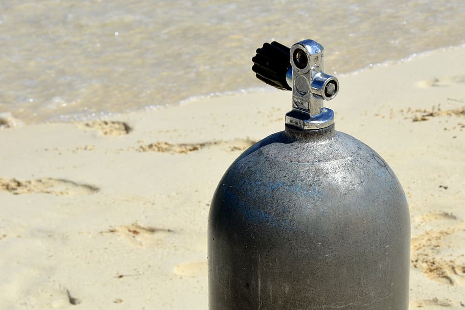 diving bottle, valve, scuba tank valve, alu, grey, empty, depleted, diving, water sports, beach