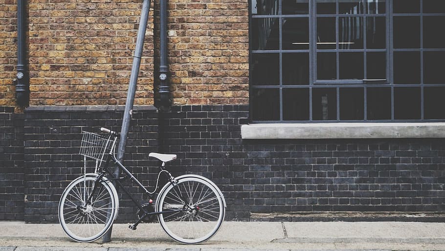 black, bicycle, parked, building, bike, basket, bricks, wall, street, building exterior