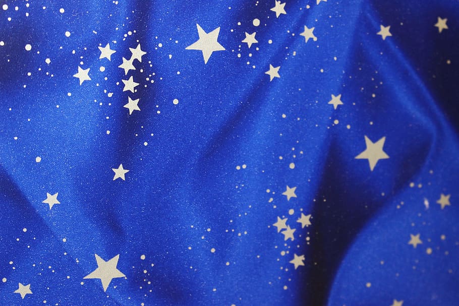 Substância, Azul, Tecido, Estrelas, a substância, tecido azul, padrão, prata, estrelas de prata, macro