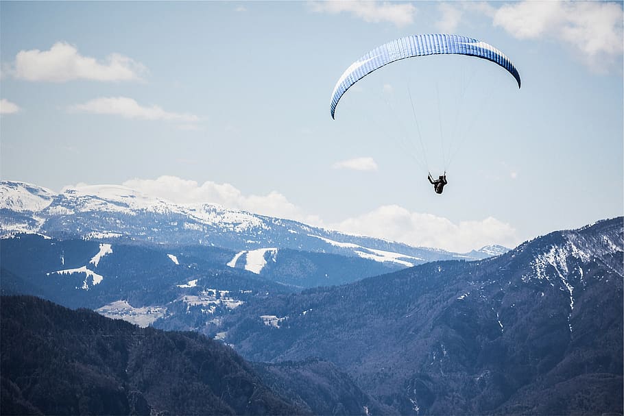 landscape, mountains, paragliding, parachute, snow, sky, valleys, sports, adventure, extreme sports