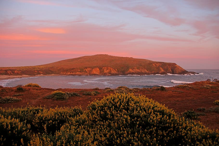 bodega bay, california, horseshoe cove, ocean, mountain, sunset, water, dusk, twilight, landscape