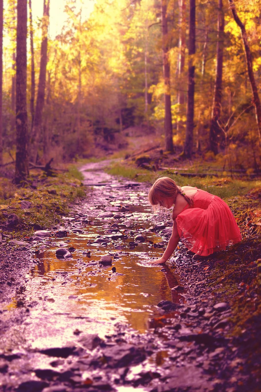 girl, red, dress, washing, hand, river, green, trees, girl in red, red dress