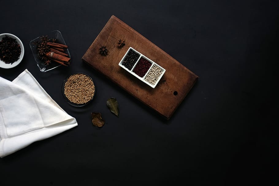 exotic spices, Exotic, spices, cinnamon, dark, spice, star anise, wood - Material, table, black background