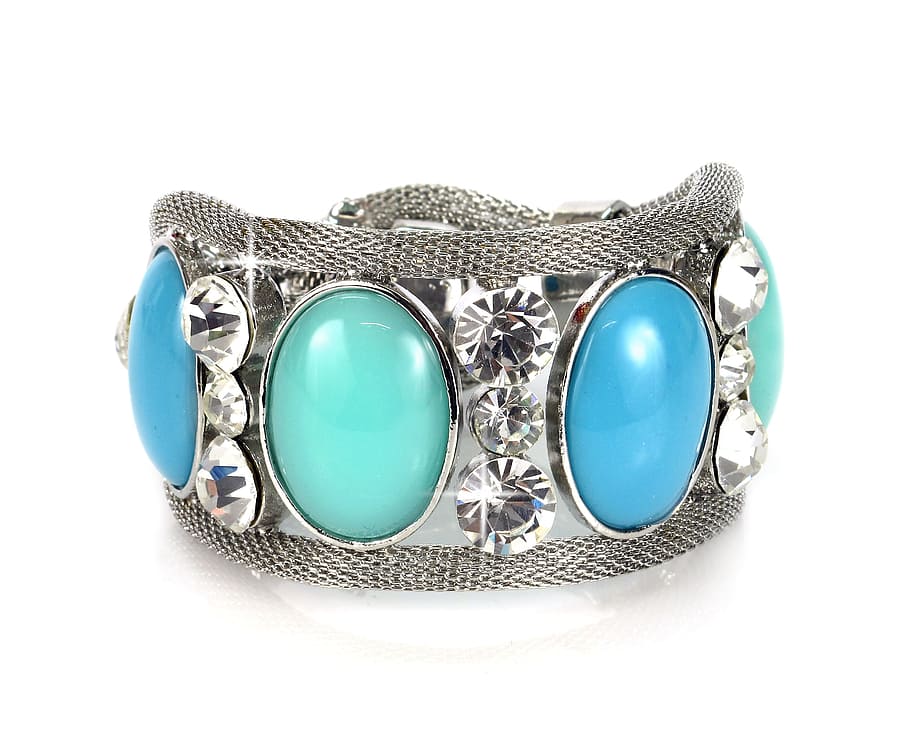 silver-colored, blue, teal gemstone bracelet, silver, blue, teal, cabochon, diamond, bracelet, jewelry, beauty