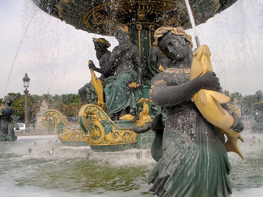 Paris, Place De La Concorde, Imagem, escultura, arte, estátua, obra de arte, fonte, água, arquitetura