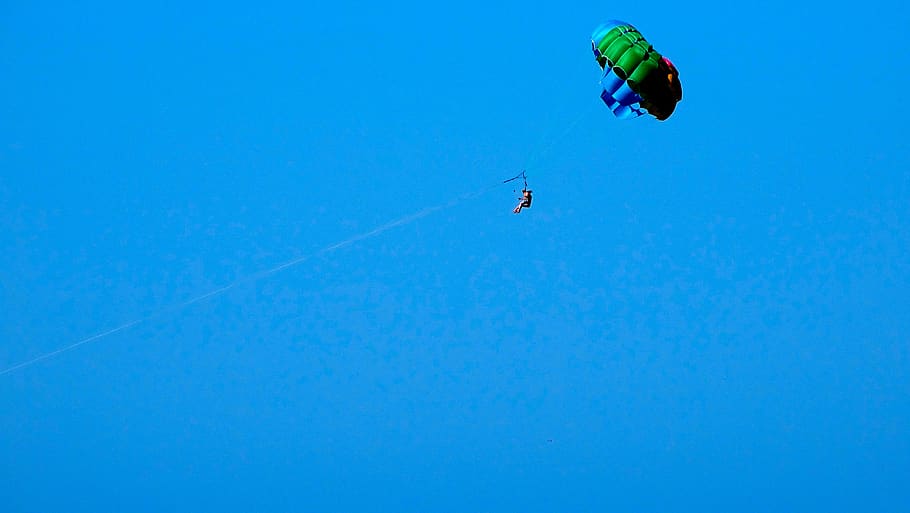flight, parachute, sky, extreme, blue, sport, flying, extreme sports, clear sky, low angle view