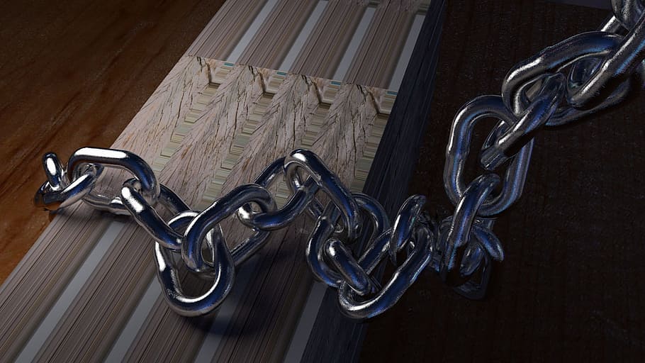 chain, silver, strings, metal, strength, indoors, wood - material, safety, connection, high angle view