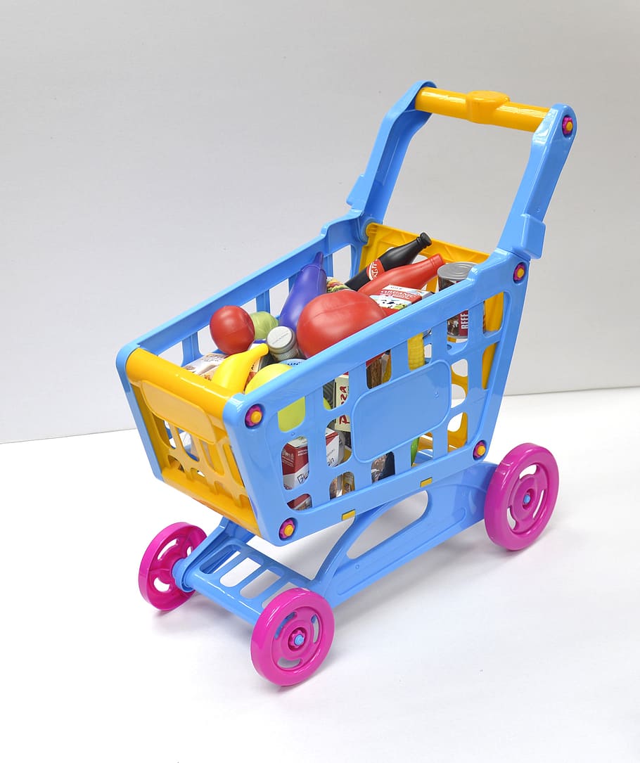 azul, amarelo, compras de plástico, empurrar, carrinho de brinquedo, carrinho de compras de brinquedo, carrinhos de criança, brinquedo, carrinho de compras, multi colorido