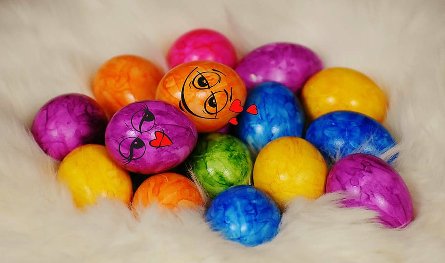 bunch, assorted-color eggs, white, surface, egg, colored, colorful, easter, easter eggs, easter nest