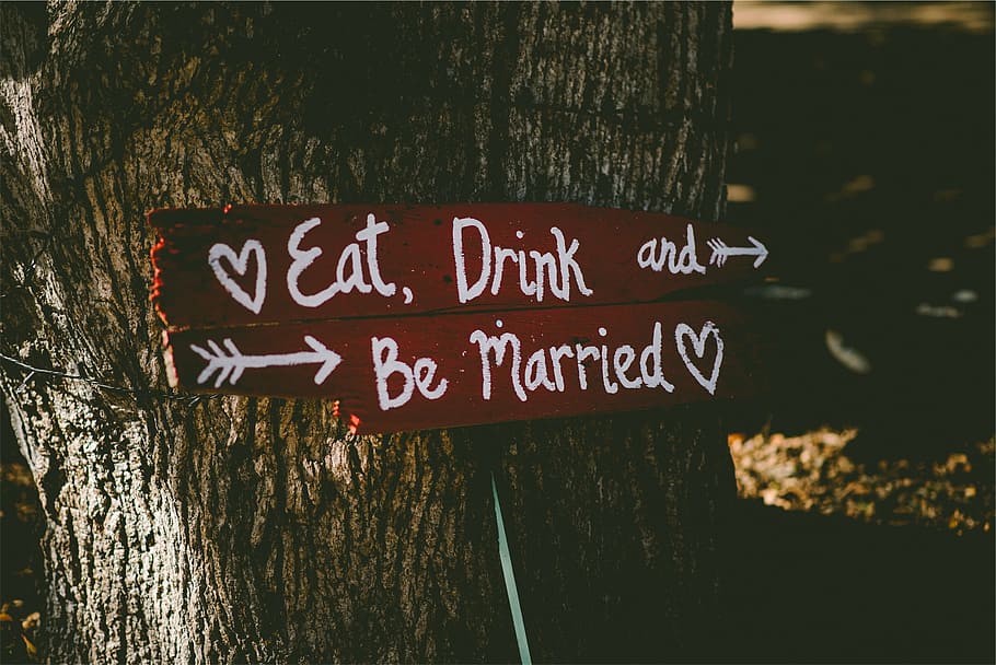 señalización, inclinado, árbol, comer, beber, casado, letrero, matrimonio, amor, texto