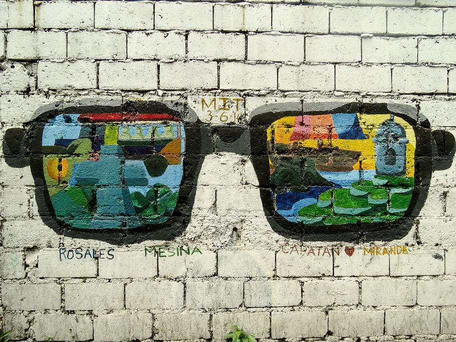 preto, emoldurado, multicolorido, óculos de sol pintura, manila, filipino, grafitti, ao ar livre, parede, rua