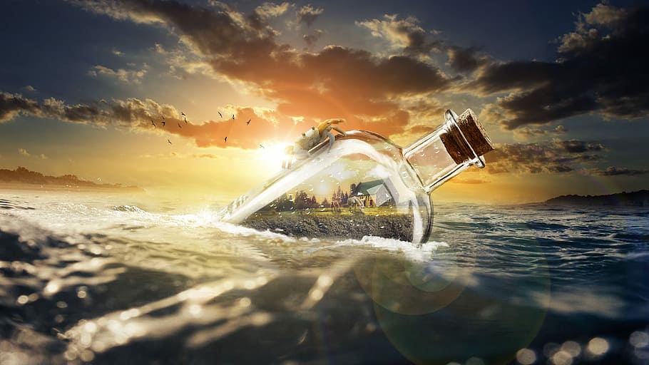 clear, glass bottle, body, water, sea, sunset, nature, beautiful, landscape, ocean