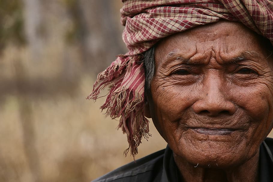 anciano, camboya, pañuelo en la cabeza, sombreros, keffiyeh, kefije, brazo, bauer, simplemente, retrato