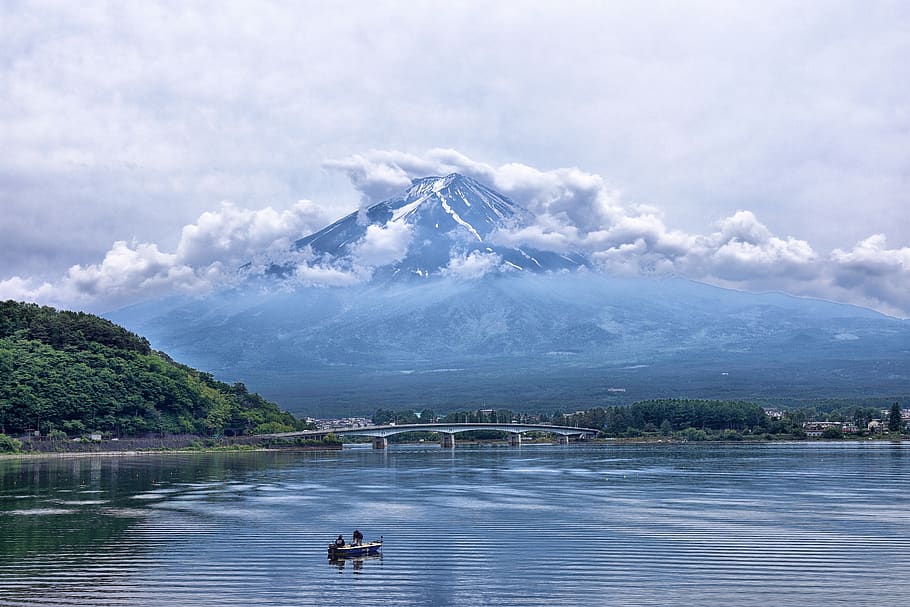 japan, mountain, volcano, fuji, sky, nature, clouds, water, scenic, view