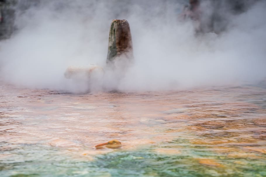 waters, smoke, geyser, thermal spring, steam, hot source, water vapor, hot, fog, stone
