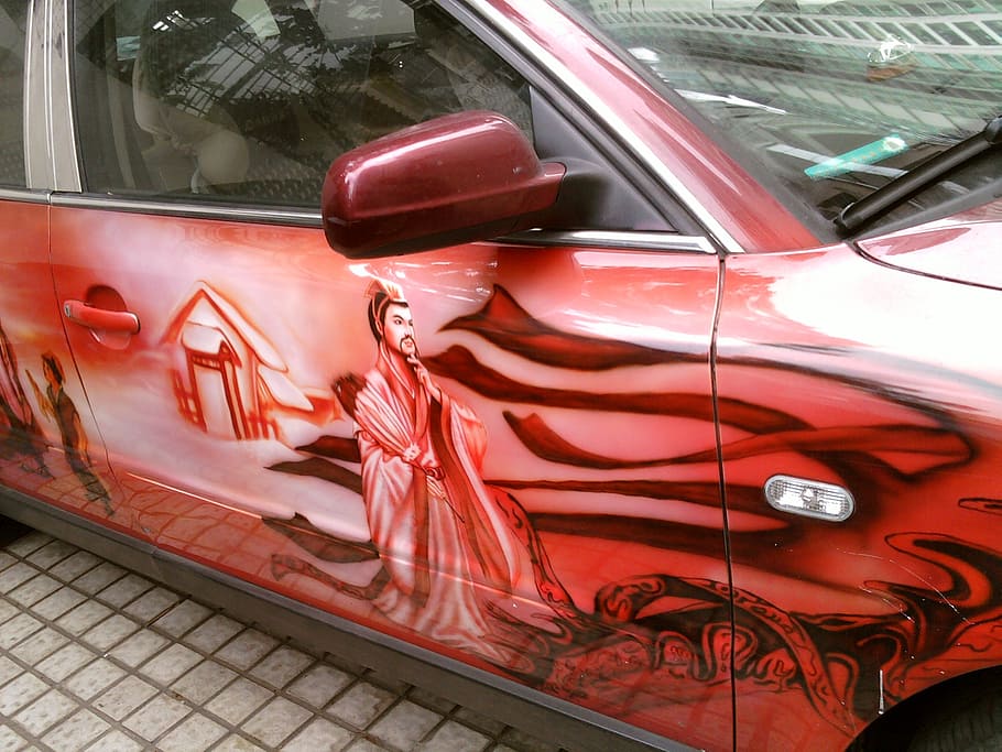 car painting, street photography, automotive, mode of transportation, car, motor vehicle, land vehicle, transportation, red, day