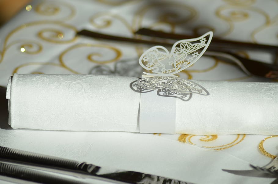 white, rolled, invitation card, table, napkin ring, napkin paper ring, butterfly napkin ring, table wedding, cutlery, wedding