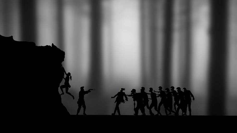 silhouette, group, people illustration, zombies, girl, boy, gun, halloween, scary, horror