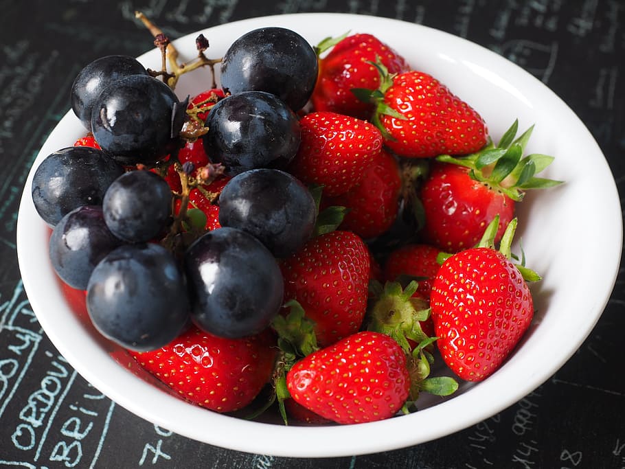 strawberries, grapes, white, ceramic, bowl, fruit plate, fruit, healthy, vitamins, red