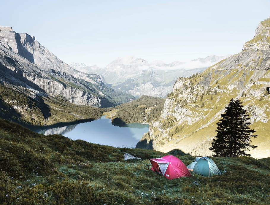 two, dome tents, grass mountain, adventure, camping, cliffs, climb, colors, hike, lake