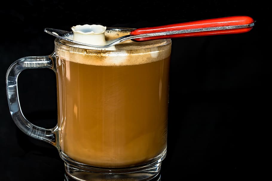 clear, glass mug, latte, coffee cup, café au lait, coffee foam, coffee, cup, spoon, milk