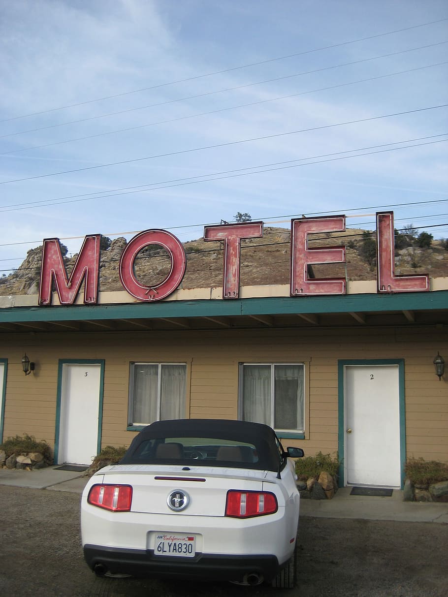 Motel, Car, Mustang, Desert, american style, building exterior, architecture, built structure, sky, transportation