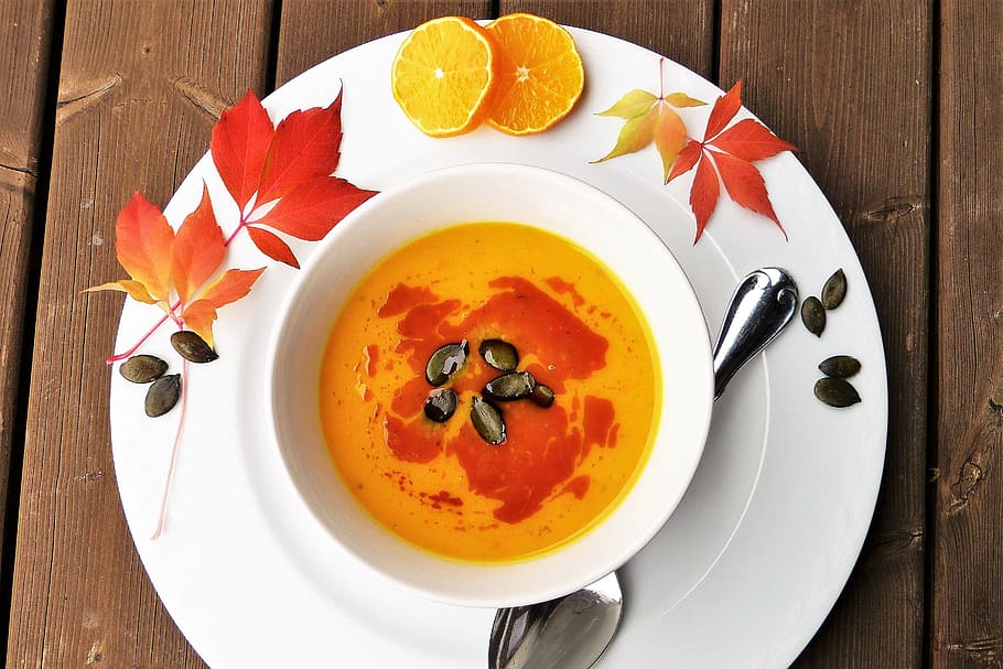 shot, autumn pumpkin soup, Overhead, food/Drink, autumn, fall, food, healthy, soup, pumpkin
