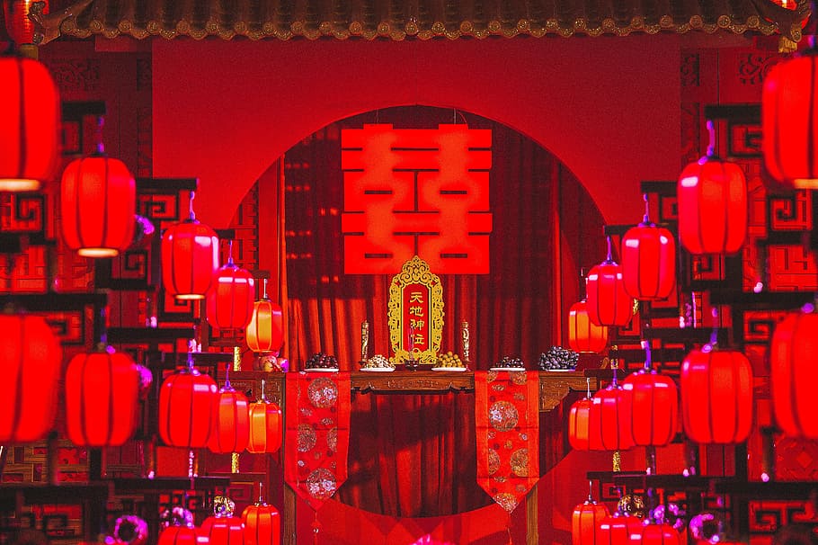 chinese wedding, wedding, chinese style, red, lighting equipment, chinese lantern, holiday, text, chinese new year, celebration