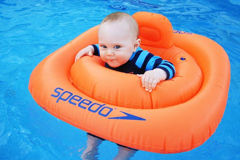 bebé, naranja, flotador speedo, piscina, niño, lindo, natación, pequeño, sentado, agua