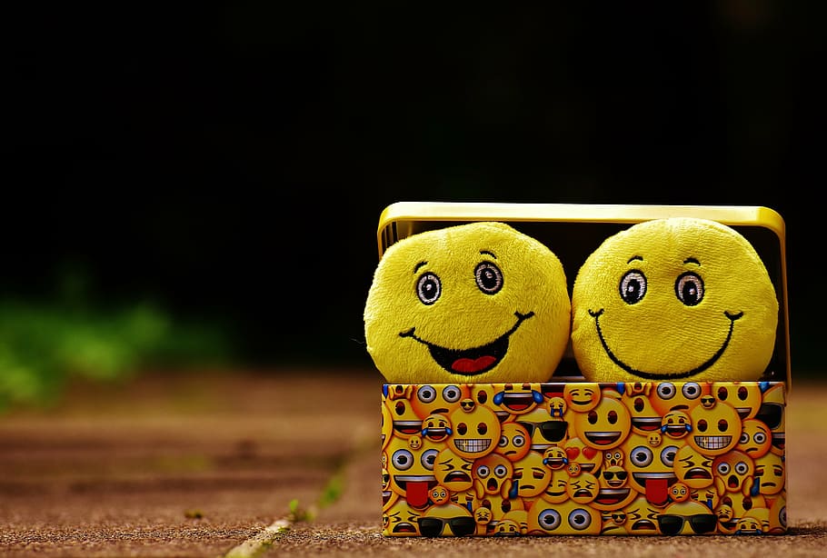 two, yellow, smile emoji pillows, smilies, funny, joy, emoticon, emoji, smiley, happy