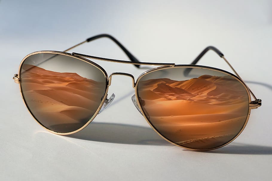 closeup, gray, aviator-style sunglasses, sunglasses, desert, reflection, nature, travel, landscape, sand