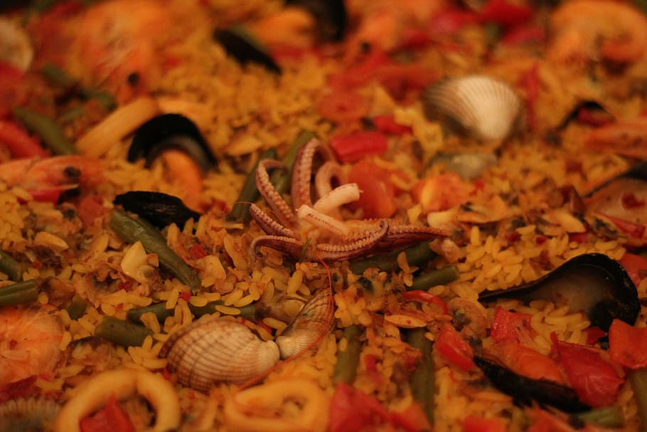 fried, rice, seafood toppings, mussels, seafood, paella, kitchen, flour, dinner, spanish