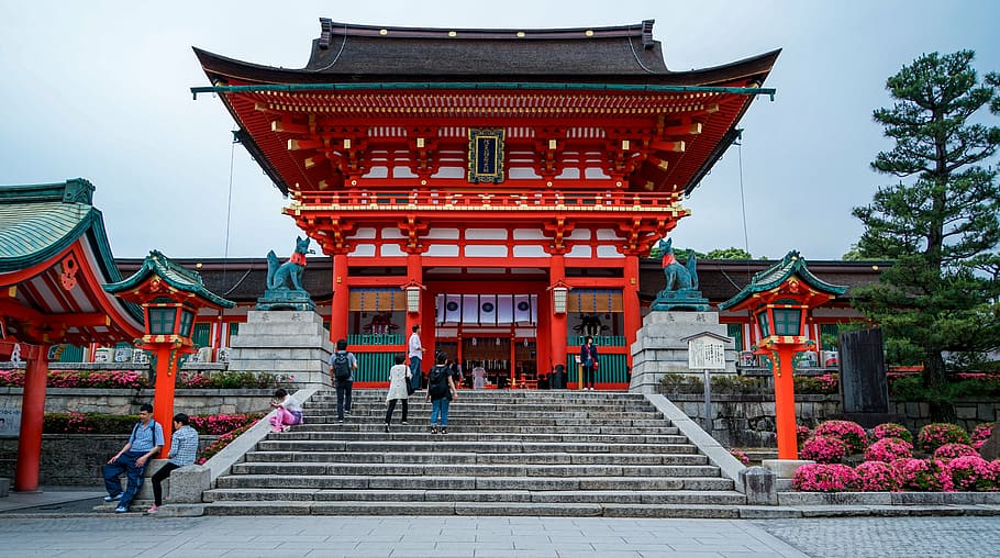 people, front, red, chinese temple, fushimi inari-taisha shrine, kyoto, japan, culture, shrine, famous