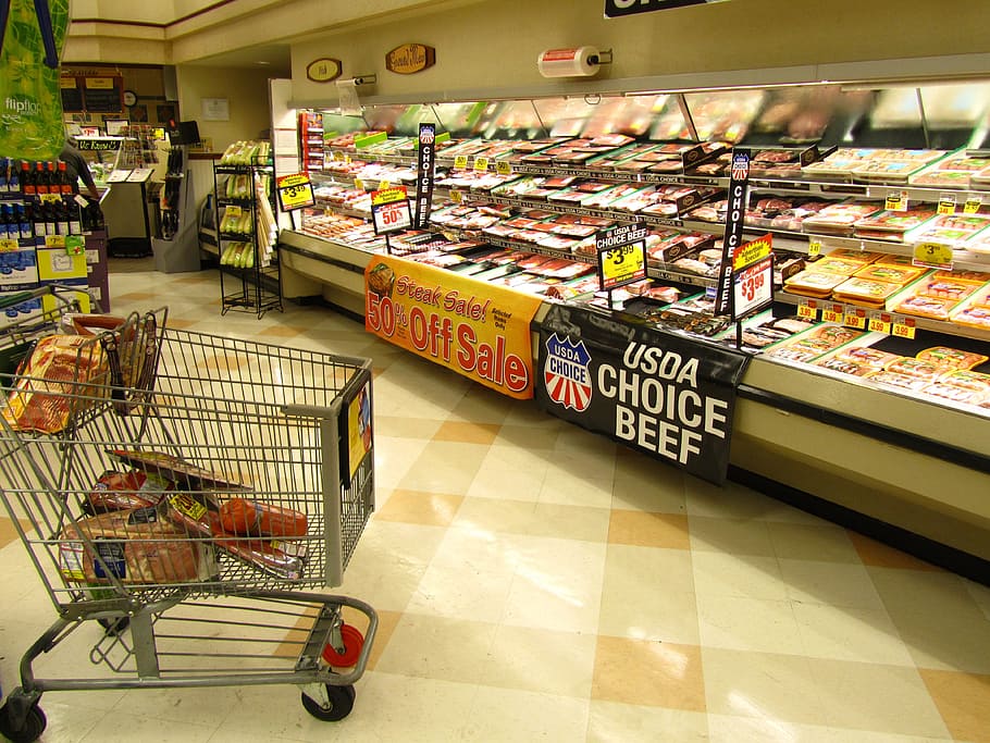 gray, shopping cart, front, display freezer, market, grocery, food, shop, store, retail