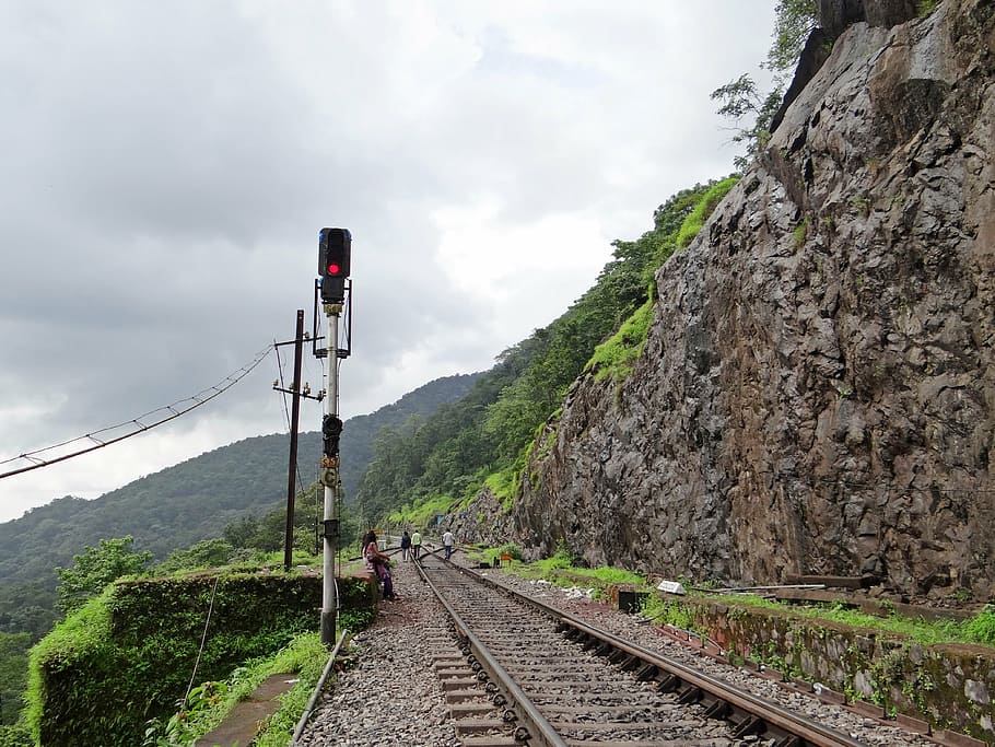 signal post, railroad, railway track, stop, red, mountain, landscape, indian railway, india, western ghats