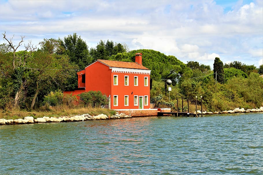 villa, water, lagoon, italy, house, architecture, italian villa, facade, landscapes, roof