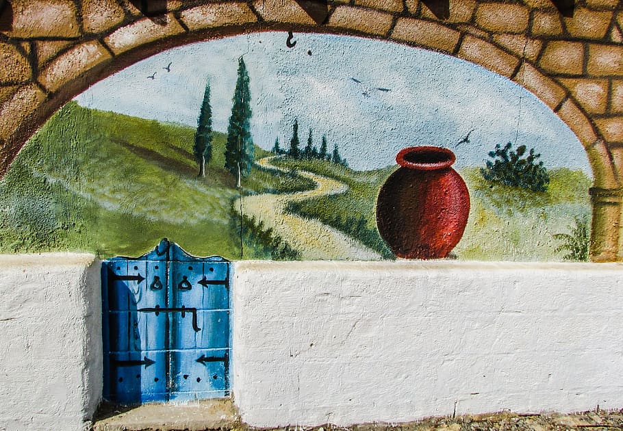 wall painting, graffiti, traditional, motif, ethnic, countryside, vrysoules, cyprus, architecture, built structure