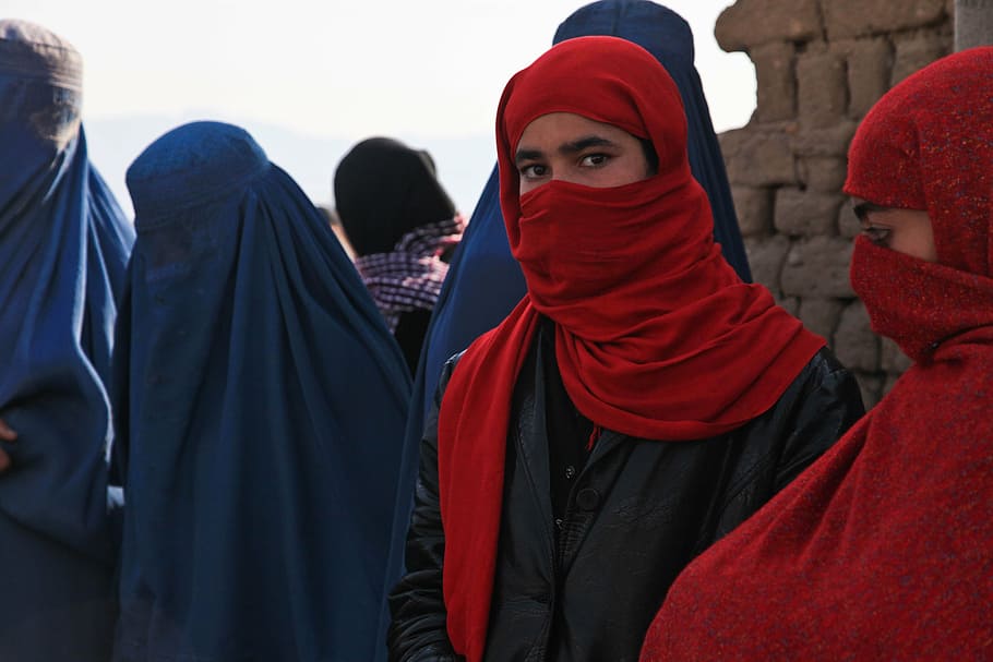 woman, wearing, red-and-blue hijab headscarfs, afghanistan, girl, burqa, ceremony, bee keeping, women, people