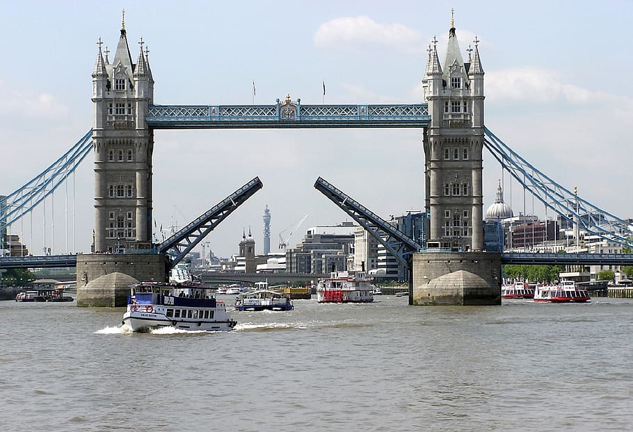 grey, suspension bridge, cloudy, sky, thames, river, historic, landmark, architecture, raised drawbridge