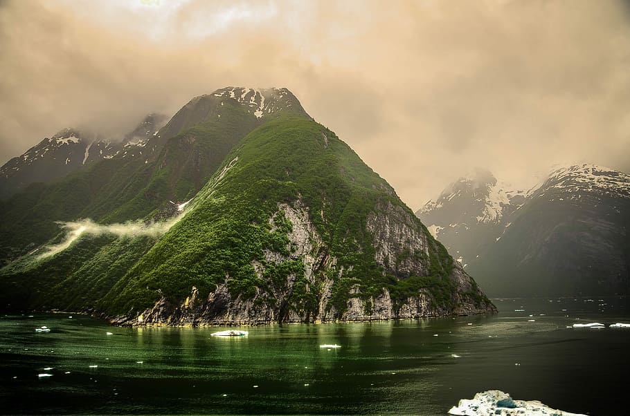 mountains, surrounded, body, water, body of water, tracy, arm, fjords, alaska, ice