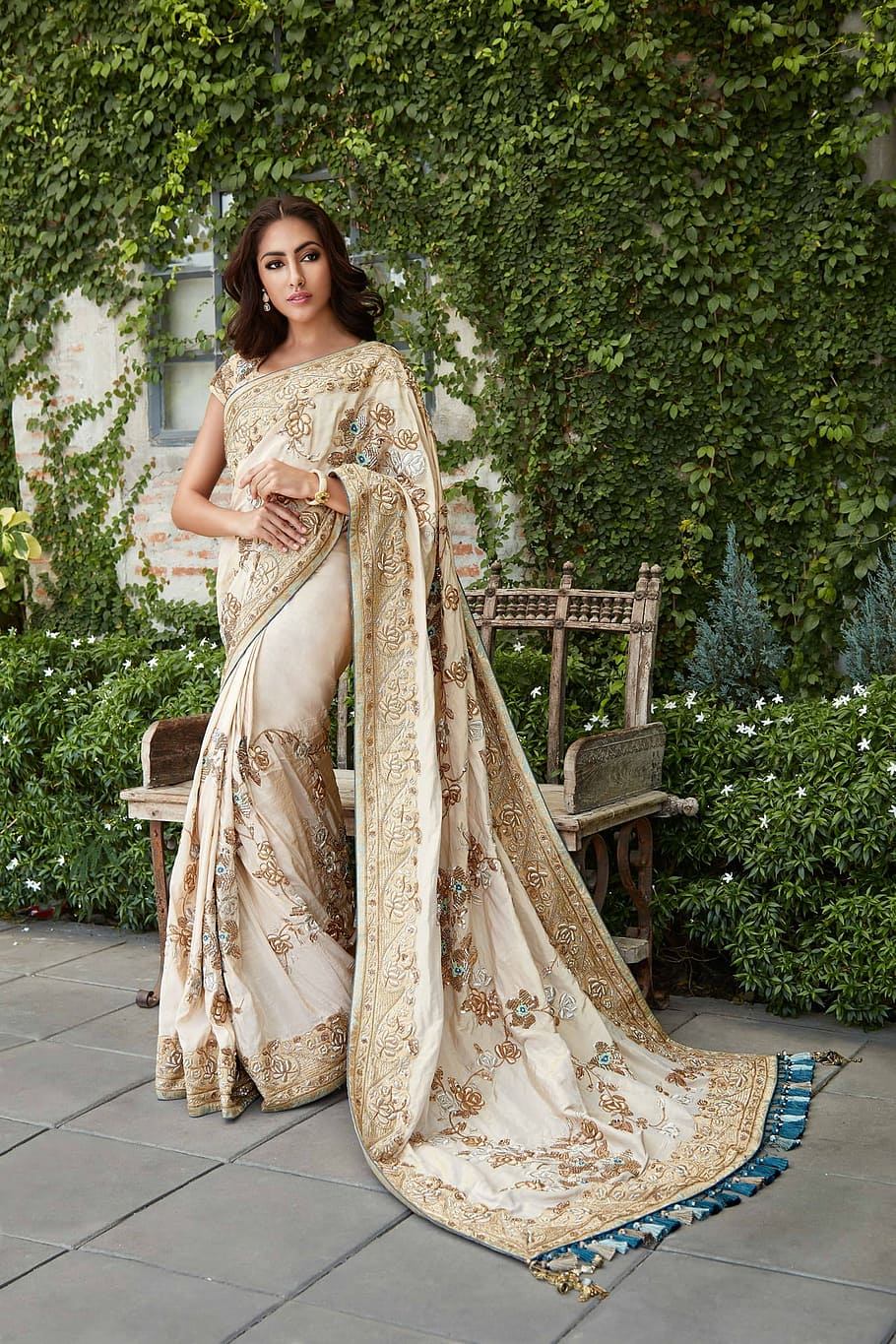 mujer, marrón, floral, sari, tradicional, vestido, comprar saris en línea en la India, comprar saris en línea, sari banarasi en línea en la India, saris de fiesta