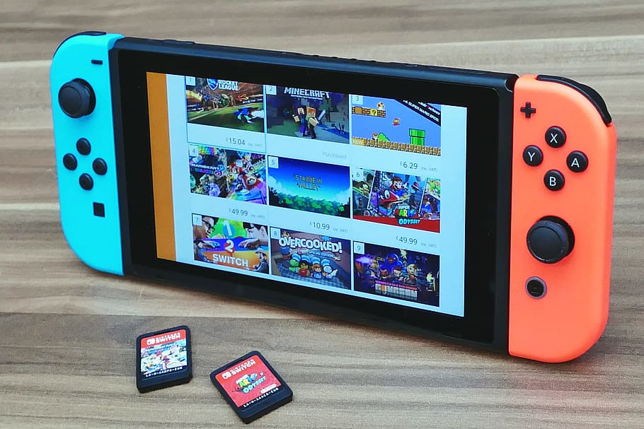 Nintendo Switch, convertido, marrón, superficie, dos, cartuchos de juego, Nintendo, consola, juego, video