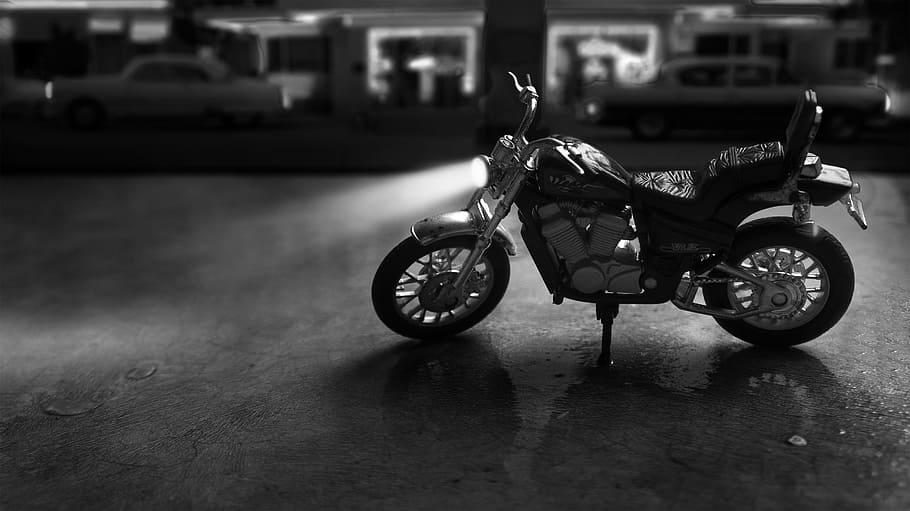 motorcycle, motorbike, sin city, toy, photography, miniature, night, petrol pump, dark, black and white